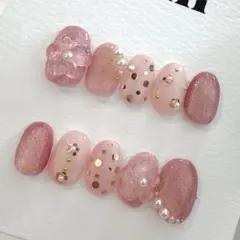 ｛ショートオーバル｝ぷっくり 大人フラワー ピンク ホログラム 春 ネイルチップ