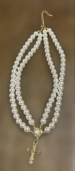 パールシリーズ！　パール 3連ネックレス 十字架チャーム