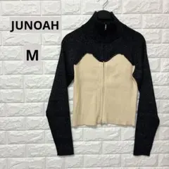 JUNOAH ジュノア ダブルジップ 配色ニット リブニット ラメ ベージュ黒M