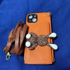iPhone12用ケース ショルダー付き ウサギモチーフ オレンジ