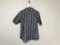 本物ジーユーGUコットンスタンドカラーストライプ柄半袖シャツメンズサーフM