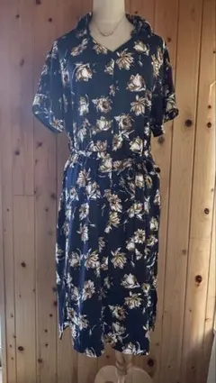 花柄シャツワンピース　形綺麗　細見え♡ M ネイビー