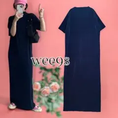 Wee9s スーパーストレッチ プリーツワンピース ロング 半袖 ネイビー