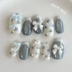 オーダー】ネイルチップ ニュアンスリボンワンホン推しネイル