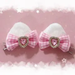 ♡もこふわ猫耳ヘアクリップ 白×ピンクリボン♡ 量産型 地雷系 推し活 ヘアメ7