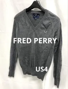 ［O22］フレッドペリー 長袖Vネックセーター ウール100% グレー S