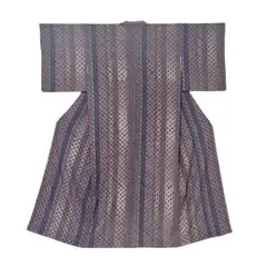 未着用　小紋　紬　横縞　花模様　紫根染　着物　115a d 未着用 小紋 大島紬 花模様 リーフ 藍色 横縞 ヱ霞 着物 012a d