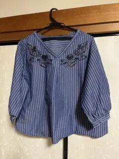 glove 青と白のストライプ刺繍シャツ Mサイズ