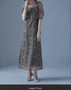 etoll. 刺繍レースレイヤードレス チャコール M