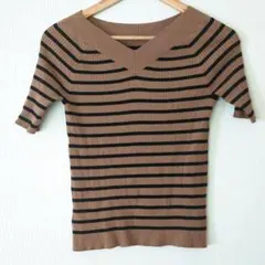 【美品】プラステ細リブVネックボーダー半袖トップスMきれいめ細見え通勤