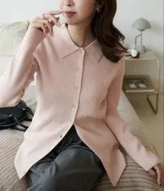 モチモチリブ衿付前ボタンプルオーバー