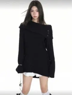 shein オフショルダー ブラック ニット ワンピース
