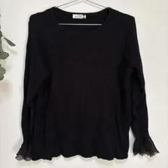 eur3【M～L相当】黒いリブ編み長袖ニット フリル袖 無地 オシャレ かわいい