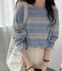 青とベージュのストライプ長袖ニット