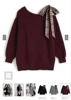 チェックリボンワンショルダーニットミニワンピース