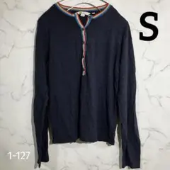 Boden ボーデン 長袖カットソー ヘンリーネック レインボーライン ネイビー