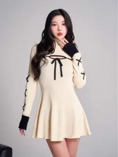 Darich バイカラーリボンデザインニットミニワンピ