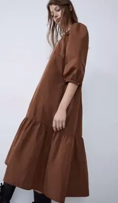 新品☆ZARA ザラ ボリュームミディ丈ワンピース XS brown