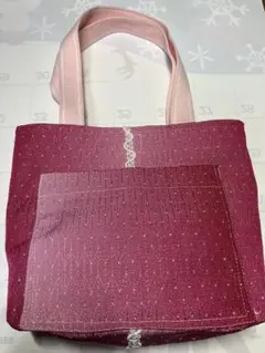 ミニトートバッグ　ピンク　リメイク　ハンドメイド　白レース