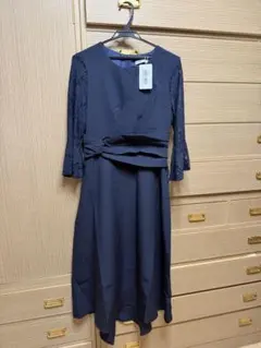 ネイビー レースフレアスリーブ パーティードレス