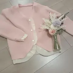 ピンク ニットカーディガン 長袖 ボタン付き