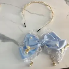 水色レースパール付きリボンクリップ　パールカチューシャ　セット