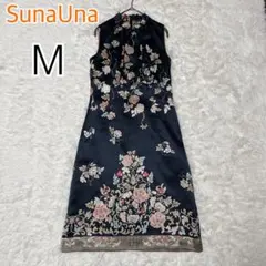美品✨スナウーナ チャイナドレス風花柄ノースリーブワンピース ブラック Ｍ
