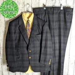 スーツセットアップ　ダーク系格子柄　金ボタン　ネクタイシャツ付　カジュアル古着