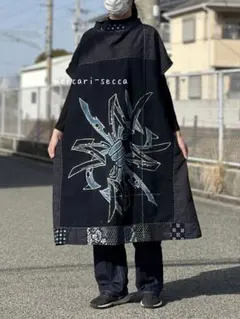 手織り熨斗文筒描と雪ん子絣と絵絣と型染と刺し子のフラッグワンピース