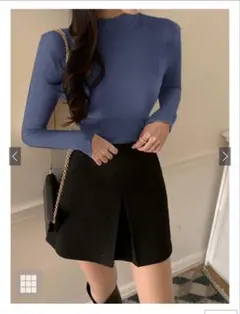 【GRL】 ハイネックリブニットトップスM ブルー