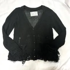 カギ編み クラッシュレース付き スタッズ カーディガン 黒 ブラック