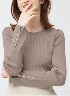 クルーネック ボタンスリーブ リブニット