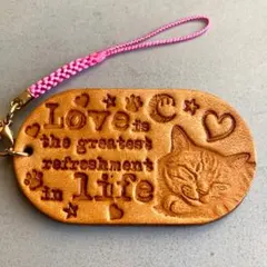 猫刻印キーホルダー　ハンドメイド　レザークラフト　本革　ke-12