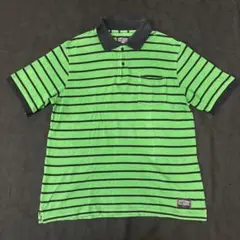 【STUSSY】ボーダー ポロシャツ グリーン×ブラック L