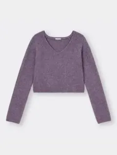 パープル Vネック クロップドセーター GU