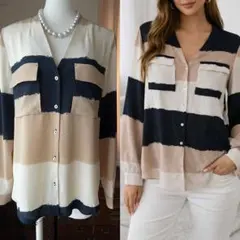 ZARA Vネック総柄シャツブラウスS(長袖) ノーカラー/紺オフ白/ベージュ