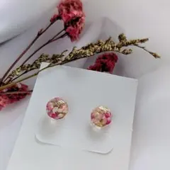 ドライフラワー ミニピアス｜ピンク レジン ハンドメイド
