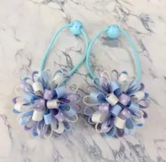 【セール】ポンポンリボン　ツイン　ヘアゴム　ハンドメイド