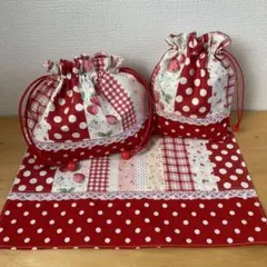 ハンドメイド お弁当袋マットコップ袋 3点セット いちご 赤 入園
