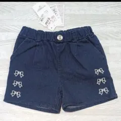 新品未使用 デニム生地　ショートパンツ　リボン刺繍 半ズボン 90サイズ　タグ付