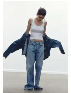【極美品】ZARA TRFハイウエストクロスオーバーワイドレッグジーンズ　38