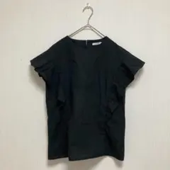 【オペークドットクリップ】フリル袖 半袖 ブラウス ブラック M レディース
