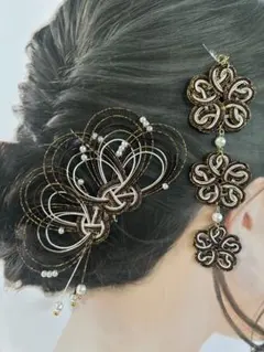 《セットでお得》和装　髪飾り　水引　かんざし　ヘアピン　ブラウン×ゴールド