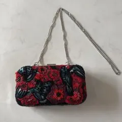 【美品】ZARA ザラ ビーズ刺繍 クラッチバッグ チェーン付 鳥 花柄 完売品