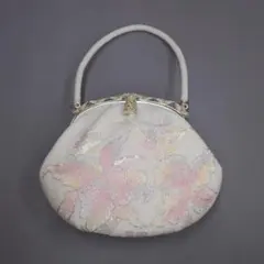 M5-11 昭和レトロ ビーズバッグ 白色 蘭柄 アンティーク