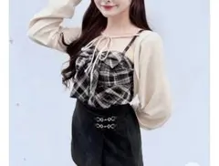 NOMAE リボンキャミボレロアンサンブルニット アイボリー チェック