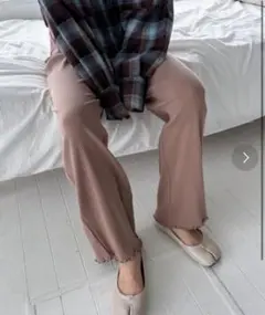 【美品】裾メロウ リブワイドパンツ フリル ブラウン 秋