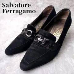 良品 サルヴァトーレ フェラガモ ヒール パンプス スエード 黒 ガンチーニ