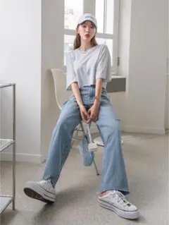 ハイウエストダメージワイドレッグジーンズ/SHEIN