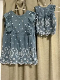 プティマイン　親子コーデ　青い刺繍入りワンピースセット